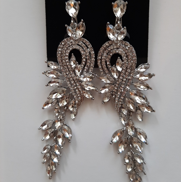 Silver Crystal Dangle Earrings Leaf Tear Drop Earrings Bridesmaid Prom Earrings - Picture 5 of 5